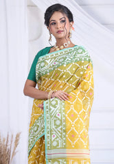 Mustard Yellow Dhakai Jamdani Cotton Saree without Blouse Piece - Adi Akshoy & Co.