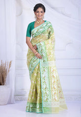 Light Green Dhakai Jamdani Cotton Saree without Blouse Piece - Adi Akshoy & Co.