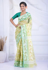 Light Green Dhakai Jamdani Cotton Saree without Blouse Piece - Adi Akshoy & Co.