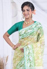 Light Green Dhakai Jamdani Cotton Saree without Blouse Piece - Adi Akshoy & Co.
