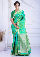 Cross Sea Green Pure Kanjivaram Silk Saree with Blouse Piece - Adi Akshoy & Co.
