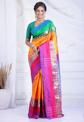 Cross Amber Orange with Ganga-Jamuna Border (Green and Rani Pink) Handloom Pure Ikkat Saree With Blouse Piece - Adi Akshoy & Co.