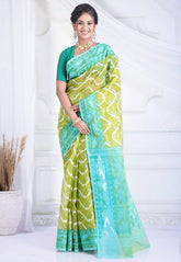 Pista Green Dhakai Jamdani Cotton Saree without Blouse Piece - Adi Akshoy & Co.
