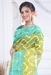 Pista Green Dhakai Jamdani Cotton Saree without Blouse Piece - Adi Akshoy & Co.