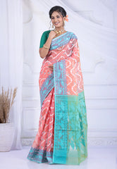 Peach Dhakai Jamdani Cotton Saree without Blouse Piece - Adi Akshoy & Co.