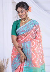 Peach Dhakai Jamdani Cotton Saree without Blouse Piece - Adi Akshoy & Co.