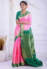 Pink Pure Kanjivaram Silk Saree with Blouse Piece - Adi Akshoy & Co.