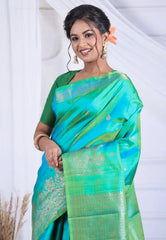 Cross Sea Green Pure Kanjivaram Silk Saree with Blouse Piece - Adi Akshoy & Co.