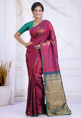 Cross Magenta Pure Kanjivaram Silk Saree with Blouse Piece - Adi Akshoy & Co.