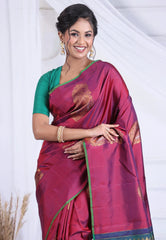 Cross Magenta Pure Kanjivaram Silk Saree with Blouse Piece - Adi Akshoy & Co.