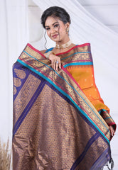 Mustard Yellow Pure Gadwal Silk Saree With Blouse Piece - Adi Akshoy & Co.