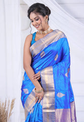 Royal Blue Pure Kanjivaram Silk Saree with Blouse Piece - Adi Akshoy & Co.