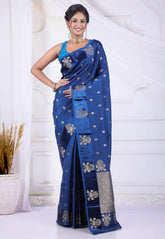 Navy Blue Mashru Silk Saree with Blouse Piece - Adi Akshoy & Co.