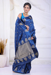 Navy Blue Mashru Silk Saree with Blouse Piece - Adi Akshoy & Co.