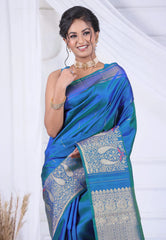 Cross Blue Pure Kanjivaram Silk Saree with Blouse Piece - Adi Akshoy & Co.