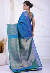 Cross Blue Pure Kanjivaram Silk Saree with Blouse Piece - Adi Akshoy & Co.