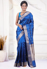 Cross Blue Pure Katan Silk Saree with Blouse Piece - Adi Akshoy & Co.