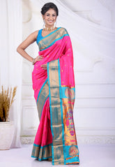 Rani Pink Paithani Silk Saree With Blouse Piece - Adi Akshoy & Co.
