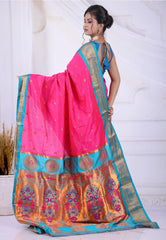 Rani Pink Paithani Silk Saree With Blouse Piece - Adi Akshoy & Co.