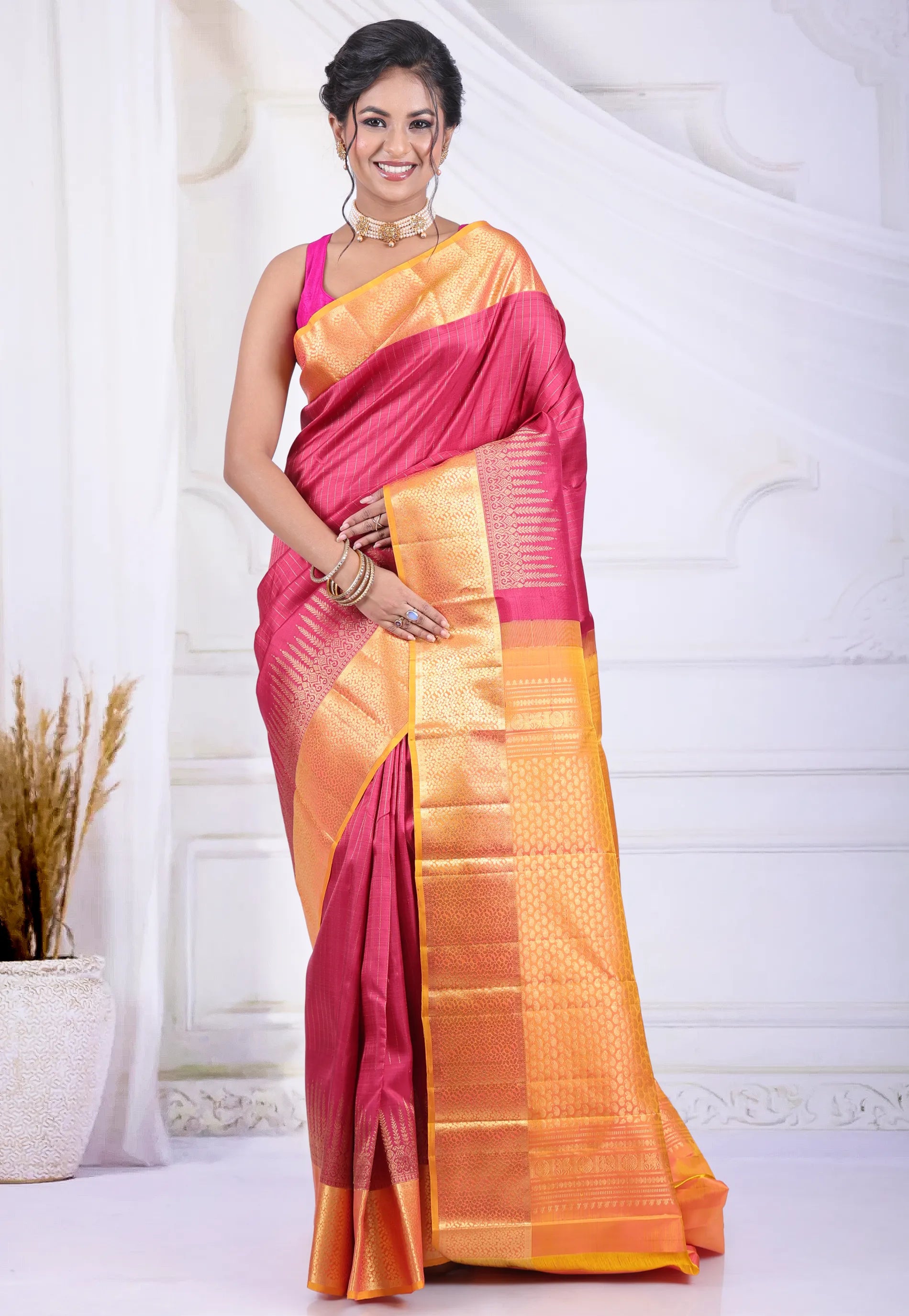 Hot Pink Pure Kanjivaram Silk Saree with Blouse Piece - Adi Akshoy & Co.