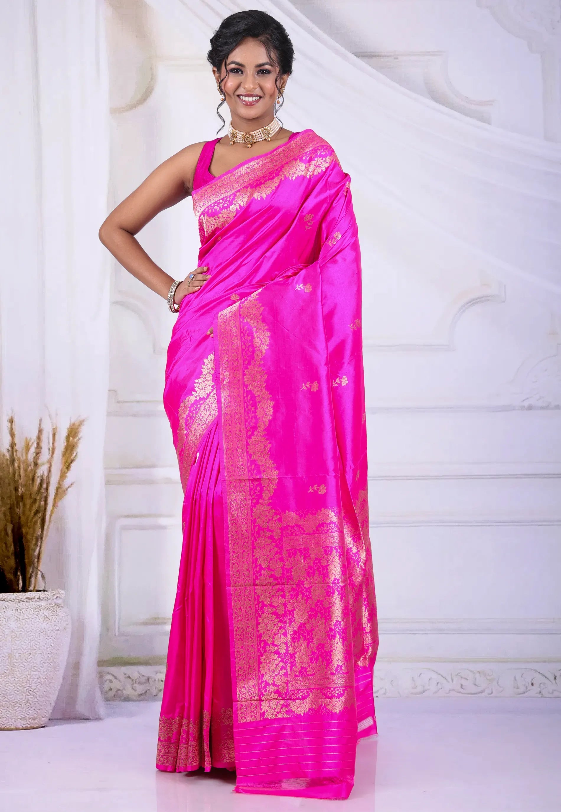 Vibrant Rani Pink Pure Katan Silk Saree with Blouse Piece - Adi Akshoy & Co.