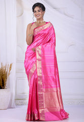 Rani Pink Pure Katan Silk Saree with Blouse Piece - Adi Akshoy & Co.