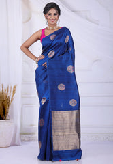 Navy Blue Tussar Silk Saree with Blouse Piece - Adi Akshoy & Co.