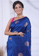 Navy Blue Tussar Silk Saree with Blouse Piece - Adi Akshoy & Co.