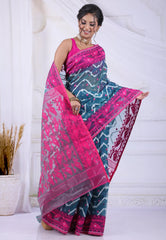 Blue Dhakai Jamdani Cotton Saree without Blouse Piece - Adi Akshoy & Co.