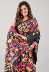 Black Kantha Silk Saree With Blouse Piece - Adi Akshoy & Co.