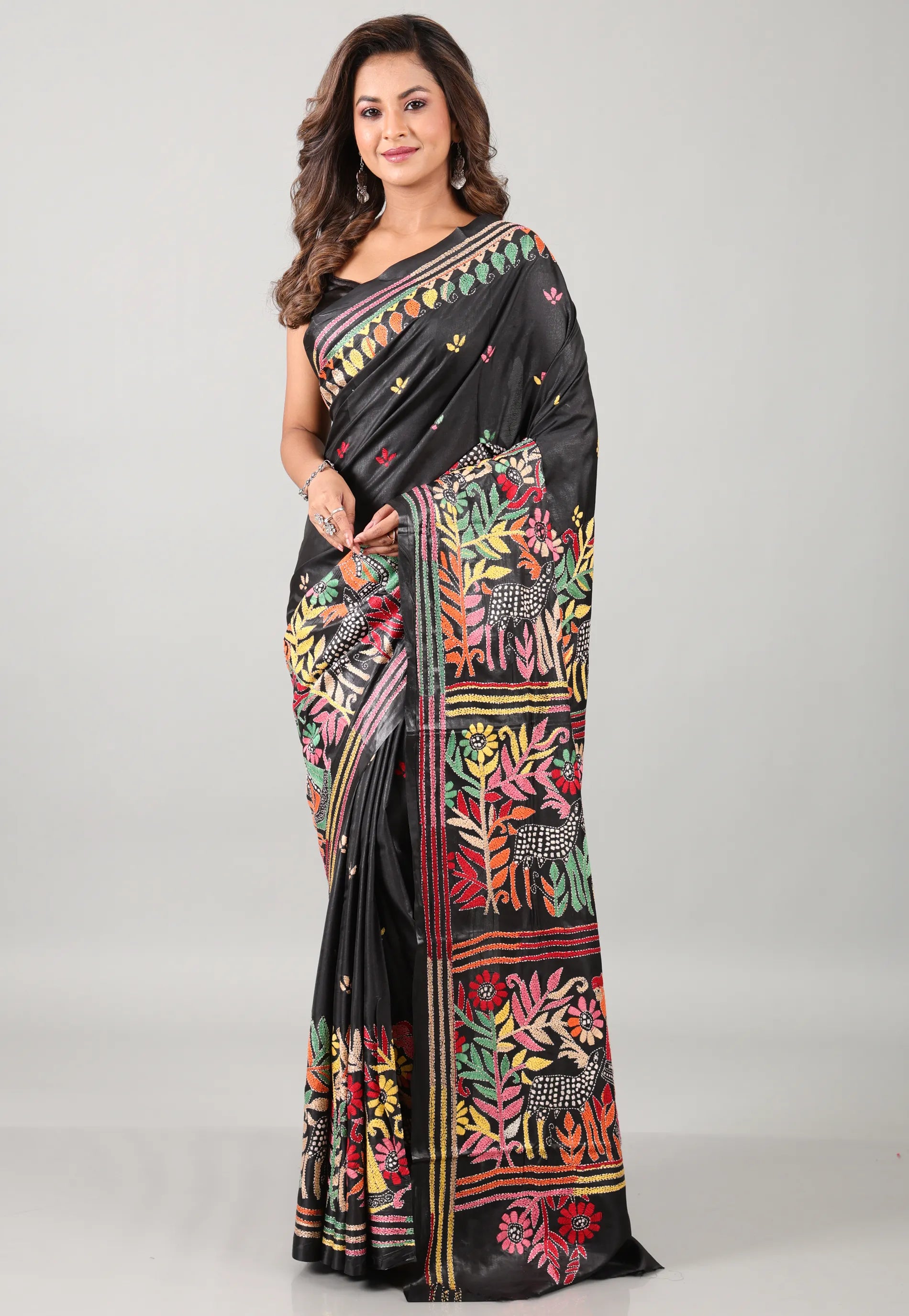 Black Kantha Silk Saree With Blouse Piece - Adi Akshoy & Co.