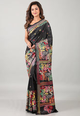 Black Kantha Silk Saree With Blouse Piece - Adi Akshoy & Co.
