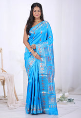Feroza Blue Pure Baluchari Silk Saree with Blouse Piece – Adi Akshoy & Co.