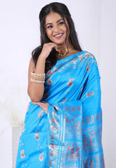 Feroza Blue Pure Baluchari Silk Saree with Blouse Piece – Adi Akshoy & Co.