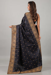 Black Pure Tussar Kantha Silk Saree With Blouse Piece - Adi Akshoy & Co.