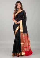 Black Sico Silk Bengal Handloom Saree With Blouse Piece - Adi Akshoy & Co.