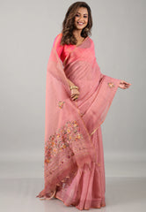 Rose Pink Kantha Silk Saree With Blouse Piece - Adi Akshoy & Co.