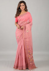 Rose Pink Kantha Silk Saree With Blouse Piece - Adi Akshoy & Co.