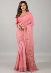 Rose Pink Kantha Silk Saree With Blouse Piece - Adi Akshoy & Co.