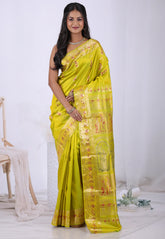 Lemon Cross Green Pure Baluchari Silk Saree with Blouse Piece – Adi Akshoy & Co.