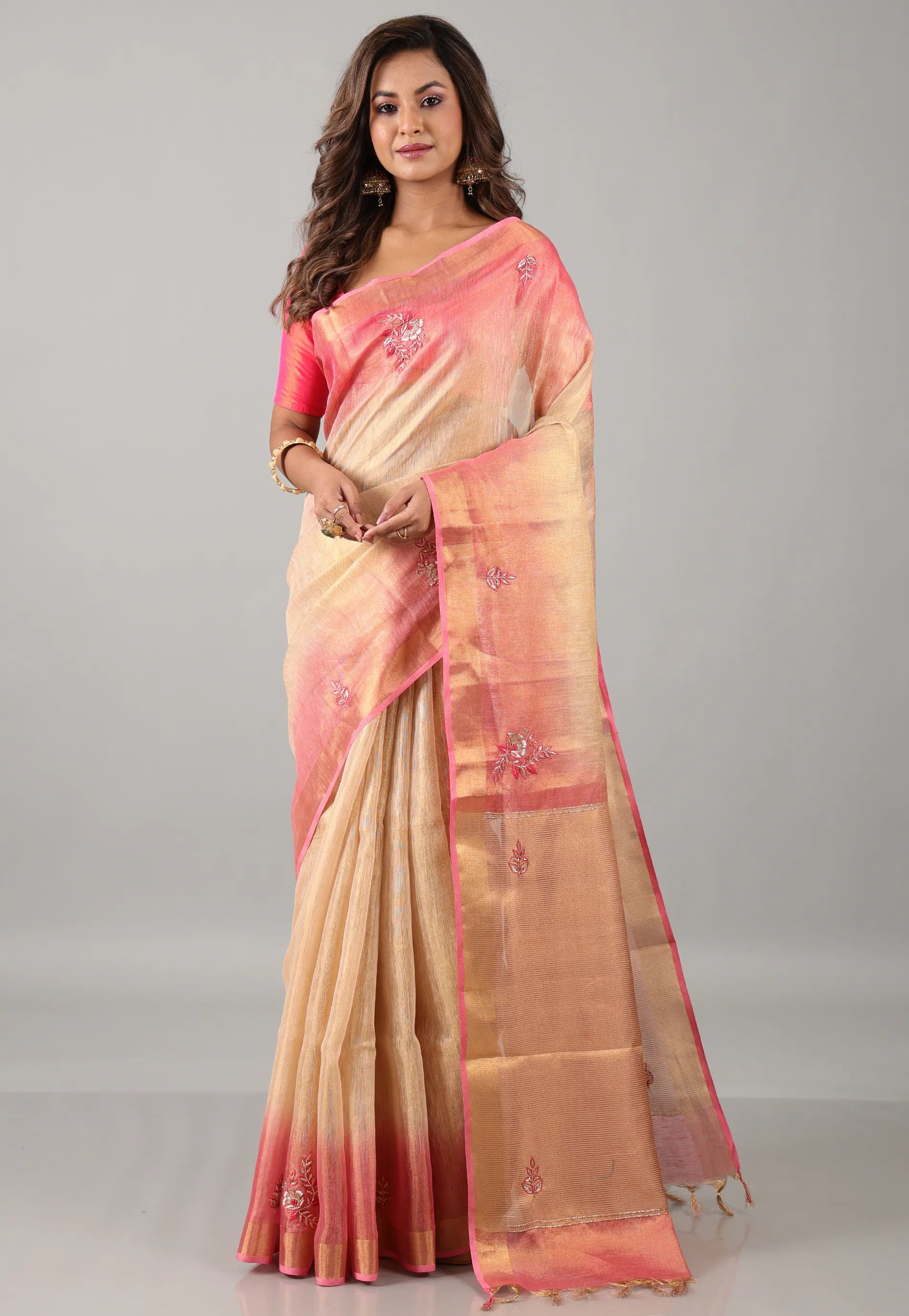 Cross Pink Tissue Embroidery Saree with Blouse Piece - Adi Akshoy & Co.