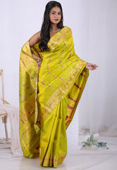 Lemon Cross Green Pure Baluchari Silk Saree with Blouse Piece – Adi Akshoy & Co.