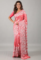 Cross Pink Kantha Silk Saree With Blouse Piece