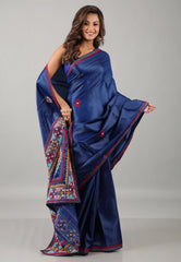 Navy Blue Kantha Silk Saree With Blouse Piece - Adi Akshoy & Co.
