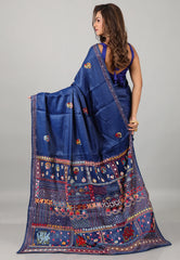 Navy Blue Kantha Silk Saree With Blouse Piece - Adi Akshoy & Co.
