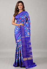 Blue Pure Ikkat Silk Saree With Blouse Piece - Adi Akshoy & Co.
