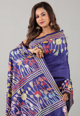 Navy Blue Kantha Silk Saree With Blouse Piece - Adi Akshoy & Co.