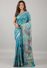 Aqua Blue Kantha Silk Saree With Blouse Piece - Adi Akshoy & Co.