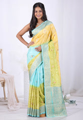 Yellow & Sky Blue Mashru Silk Saree with Blouse Piece – Adi Akshoy & Co.