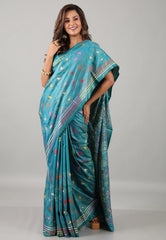 Aqua Blue Kantha Silk Saree With Blouse Piece - Adi Akshoy & Co.
